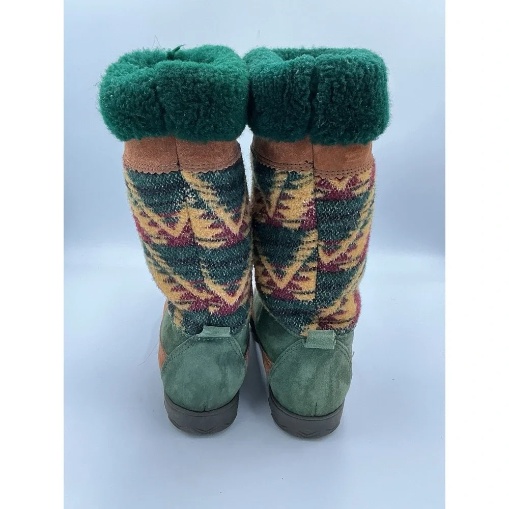 Vintage Cougar Apres Ski Boots Made In Canada Size 6 Medium Green Maroon & Tan